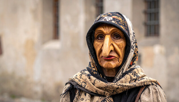 Traditional Fasnet witch in carved wooden mask patterned headscarf and rustic dress before old town wall generative AI