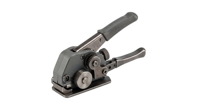 Heavy duty steel strapping tool isolated on a clean white background for industrial use