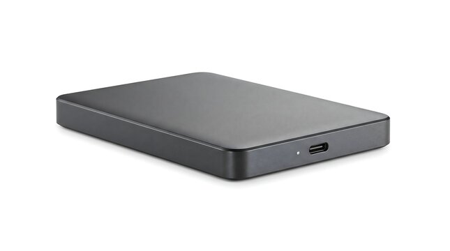 Modern external hard drive isolated on a clean white background for digital storage