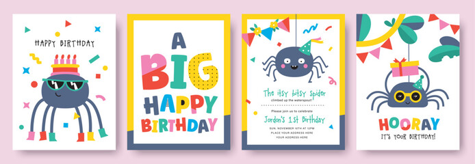 Fototapeta premium Birthday party spiders with party hat, party flags, presents, cake and confetti. Vector illustration for birthday greeting card, birthday invitation card, sticker, poster, cover, backdrop and prints.