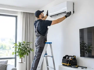 Technician Installing Air Conditioner in Modern Home Environment © Aodsy