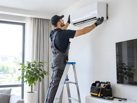 Technician Installing Air Conditioner in Modern Home Environment