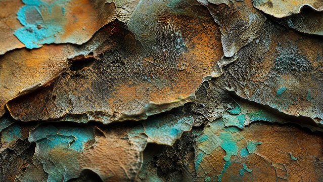 Abstract texture of oxidized weathered metal with peeling paint flakes and brown rust patterns