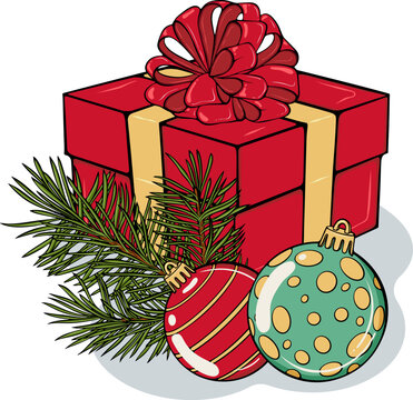 Christmas or New Year composition with red gift box, bow, spruce branch, tree ball, festive ornaments. For winter design. Simple vector color illustration in hand drawn style isolated on white