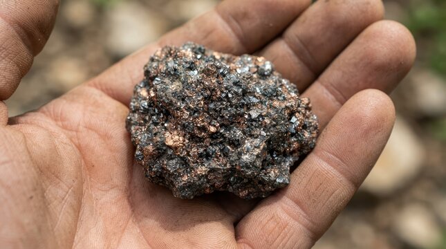 Macro view of glittering metallic ore crystals with copper, graphite and nickel textures held in a palm.