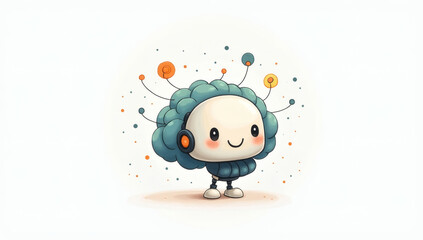 Fototapeta premium Adorable cartoon brain character with headphones, radiating creativity and joy with colorful abstract elements around its head, perfect for educational or technology-themed designs
