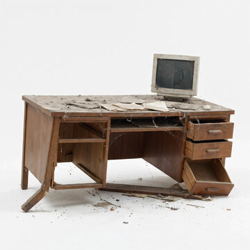 Damaged office desk with a computer
