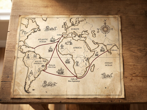 A vintage parchment map with a red route line and compass rose lies on