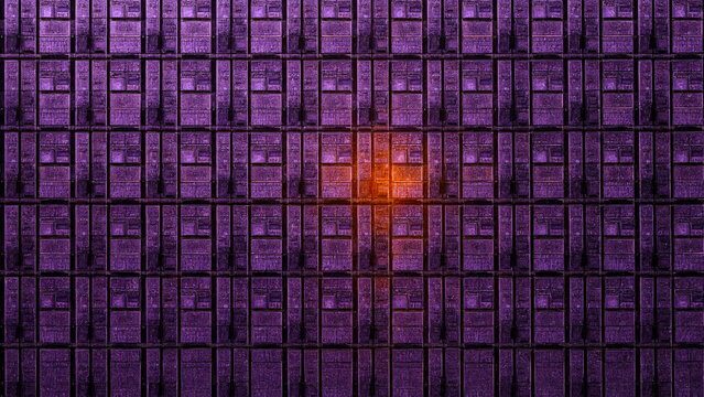 Purple silicon semiconductor wafer with glowing central microchip circuitry