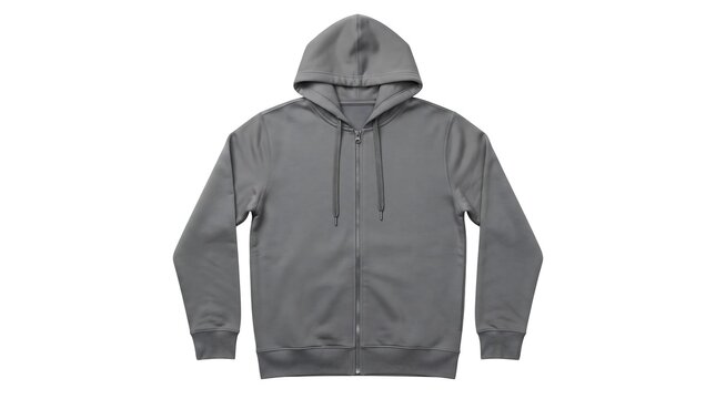 A blank grey zip up hoodie sweatshirt isolated on a clean white background for apparel design mockup