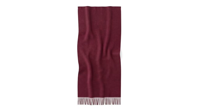 A long rectangular dark maroon scarf with decorative fringe details isolated on a plain white background