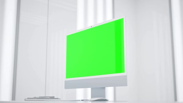 All in One Computer with Green Screen Mockup in Modern Laboratory Workspace