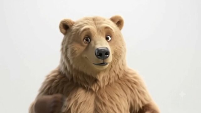 Happy CGI animation of a brown dancing bear on white background