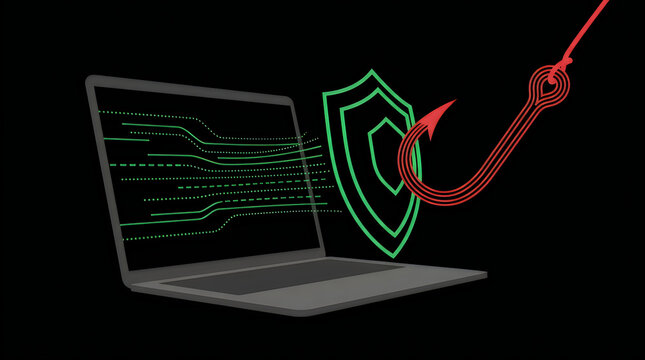 Cybersecurity phishing concept with red fishing hook attacking laptop, digital shield protection against data breach, network security illustration