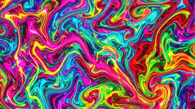 Psychedelic marble texture with vibrant neon swirls, colorful liquid acrylic paint background, trippy abstract fluid art pattern for creative design