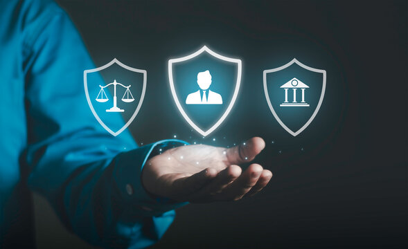 Financial legal protection concept, financial regulation, legal compliance, account protection, corporate governance, risk management and business security. Security shields, banking icons.