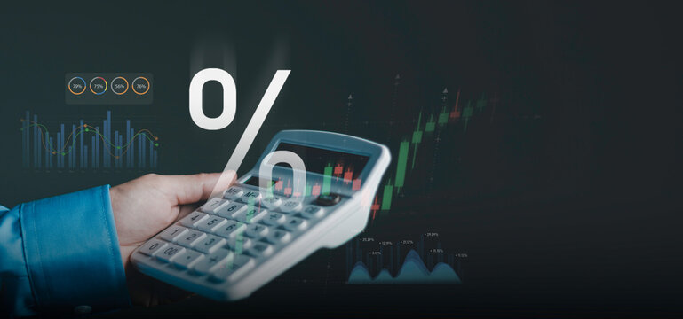Financial analysis, budgeting calculator, percentage symbol, charts and market data. Investment planning, income, expenses, cost calculation, profitability, financial analysis and business performance