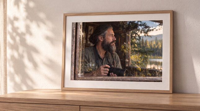 Framed Portrait of a Bohemian Nature Photographer on a Wooden Sideboard