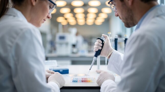 Two scientists working together in a modern laboratory conducting research and medical testing