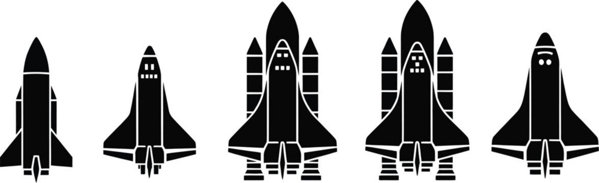 Rocket silhouette icon set with spacecraft, space shuttle and missile shapes representing aerospace engineering, exploration, transportation and futuristic technology