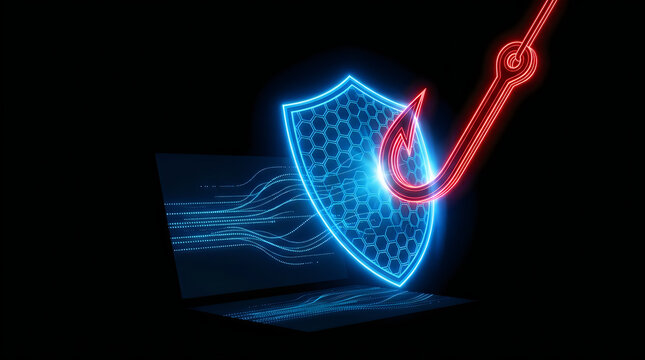 Cybersecurity phishing attack concept with neon fish hook, digital shield protecting laptop data, internet security and fraud prevention