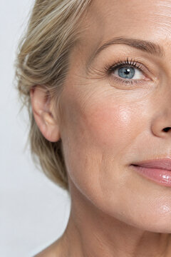 Macro close-up portrait of a mature woman showing natural skin texture