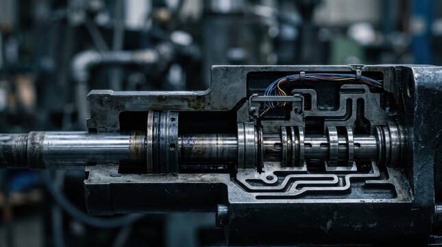 Cutaway view of a hydraulic actuator revealing piston rod, spool valve, fluid channels and encoder wiring