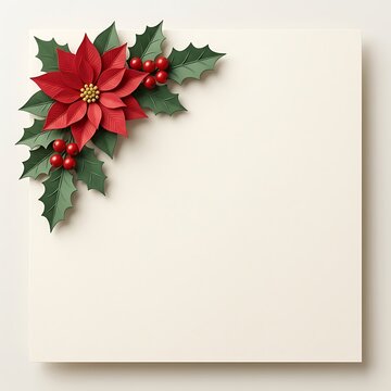 Christmas poinsettia and holly berry corner border on cream background