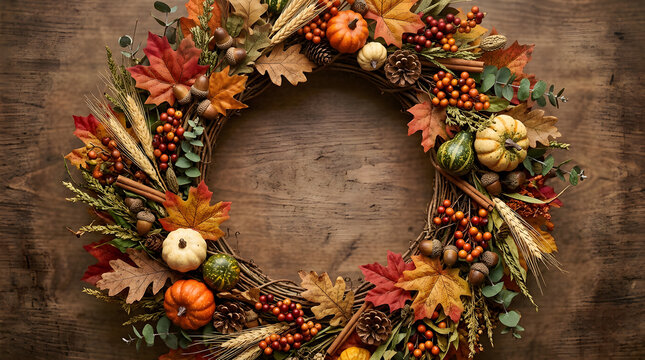 A beautiful autumn thanksgiving wreath displaying the warm colors and bounty of the harvest season