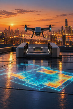 Autonomous drone hovering above charging pad on rooftop with city skyline at sunset, 3D rendering