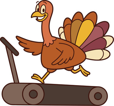 Cartoon turkey running on a treadmill for a healthy thanksgiving lifestyle illustration