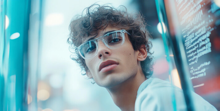 A young man with curly hair and glasses against blurred background