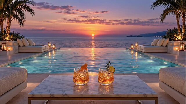 A luxurious infinity pool overlooking the sea at sunset, featuring palm trees and soft lighting that create a relaxed poolside atmosphere&mdash;ideal as a visual backdrop for music.