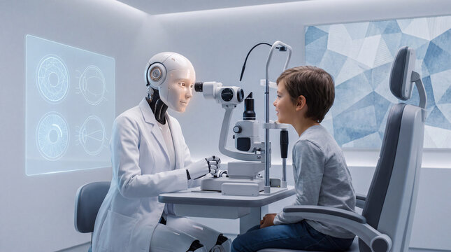 Humanoid robot ophthalmologist examining a little boy eye vision with a slit lamp in a modern clinic