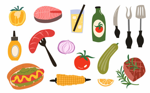 Barbecue Grill Element Set, Flat Vector Illustration, Hand Drawn Food Clipart, BBQ Party Icon Collection For Menu Design, Poster, Banner, Print