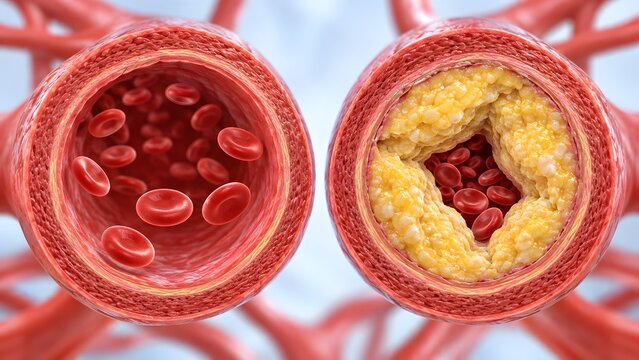 Medical graphic comparing normal blood vessel lumen with severe atherosclerotic stenosis