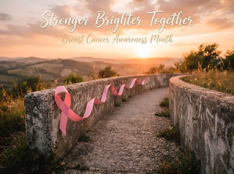 Pink ribbon on stone bridge for breast cancer awareness month hopeful landscape