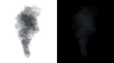 Obraz premium Atmospheric smoke plume illustration, realistic black and white steam clouds, rising vapor trail for design overlays and cinematic effects