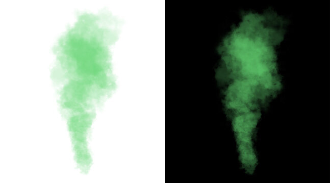 Green smoke plume illustration, toxic gas vapor trail on white and black backgrounds, ethereal emerald mist cloud for creative design