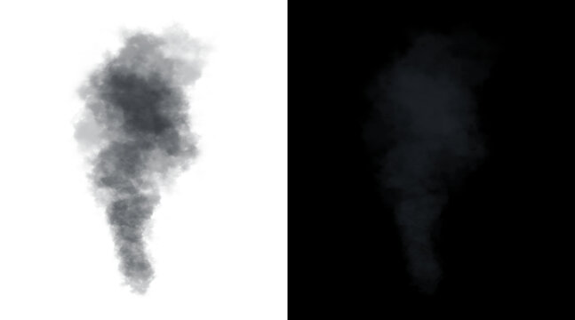 Atmospheric smoke plume illustration, realistic black and white steam clouds, rising vapor trail for design overlays and cinematic effects
