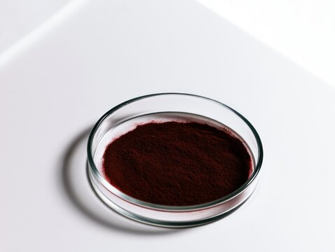 Close up of fine red powder in a petri dish with soft lighting