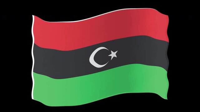 Libyan Flag Waving Dramatically in Background with Crescent Moon and Star Emblem animation national symbol political red motion graphic cinematic