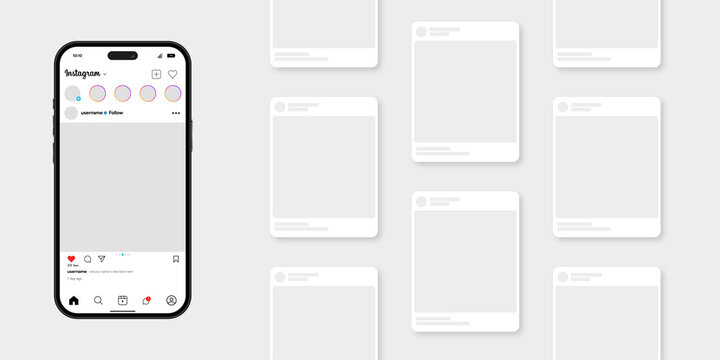 Smartphone displaying instagram feed interface mockup with multiple blank floating post template frames on a minimalist grey background for digital marketing planning.  s