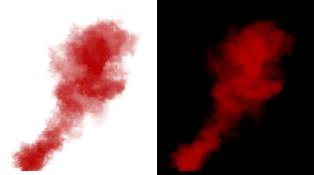 Red smoke explosion isolated on white and black backgrounds, vibrant crimson powder cloud, abstract colored dust burst for design overlays