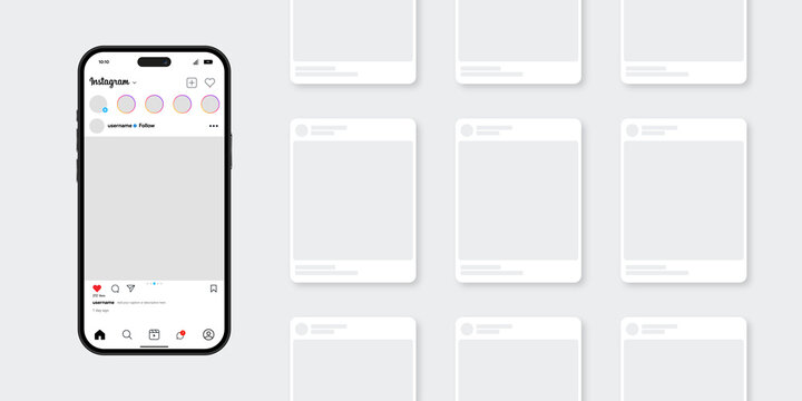 Minimalist smartphone mockup displaying instagram feed interface with blank social media instagram  post wireframes on a clean gray background