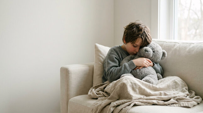 A young boy embraces his teddy bear on a couch, finding comfort and solace in the soft toy. The tender moment evokes feelings of childhood innocence and emotional security.