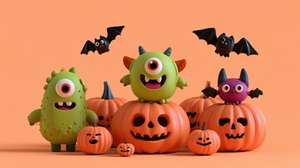 Obraz premium Seasonal Halloween icons, cute monsters and flying bats surrounding pumpkins, clean studio lighting, 3D render illustration. 
