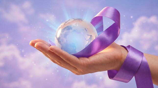 A human hand gently cradles a glowing globe earth encircled by a flowing purple ribbon planet world palm support care protection