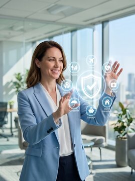 A smiling businesswoman interacts with glowing circular icons representing family health travel and financial security in a modern office woman professional