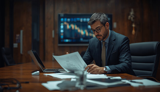 A man in a suit sits at a table, focused on his laptop, with a professional demeanor.
